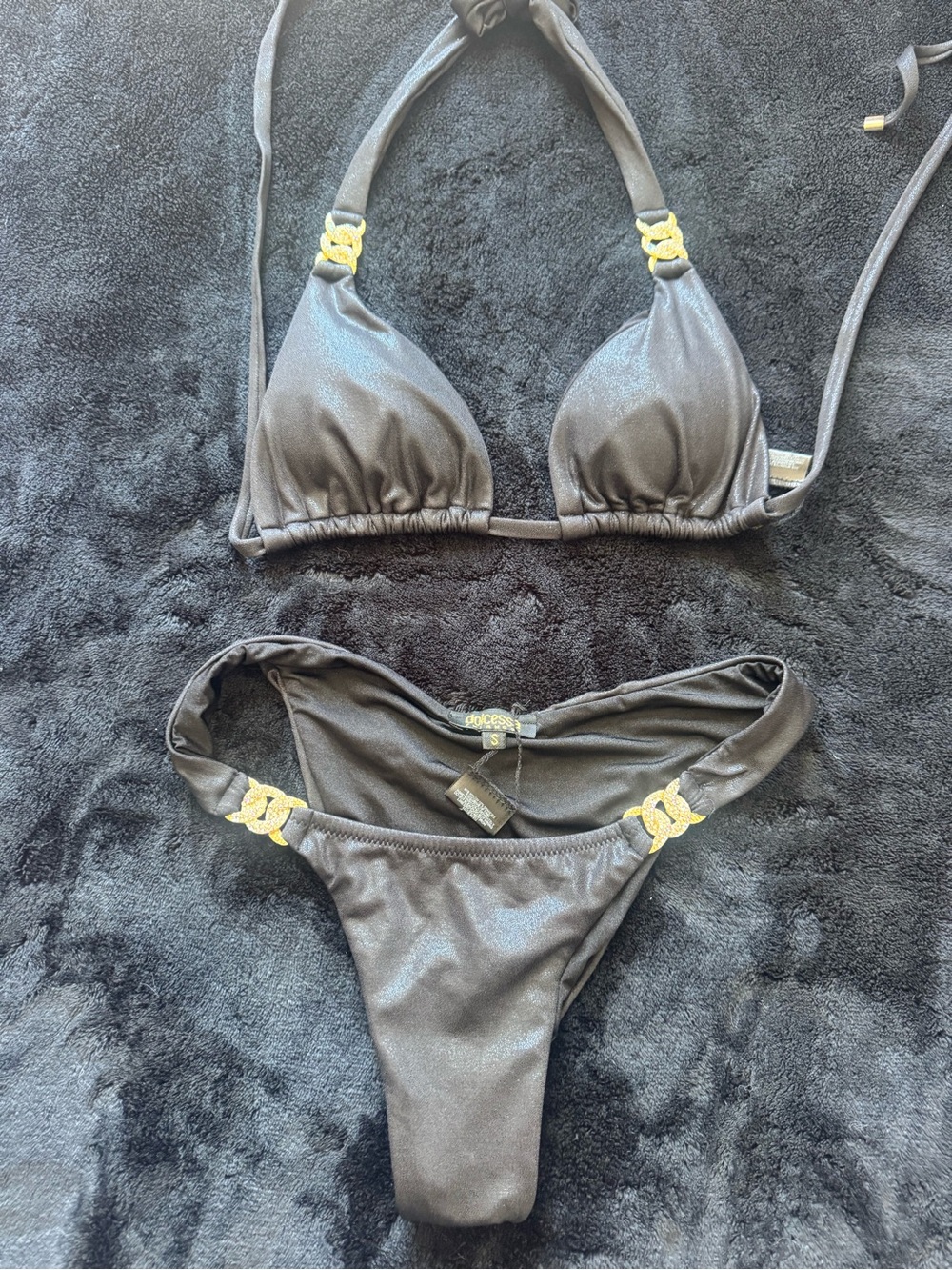 Shimmer Black Triangle Bikini with Gold Accents